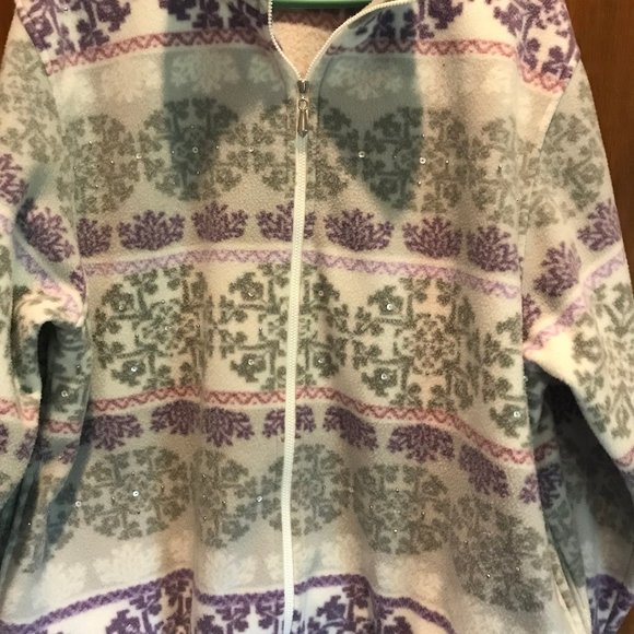 ALFRED DUNNER PETITE LARGE FLEECE ZIP JACKET, SNOWFLAKE PATTERN RHINESTONES, PL - Picture 2 of 4